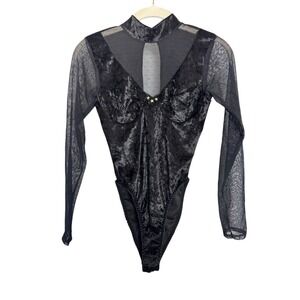 Frederick's of Hollywood Bodysuit Women's S Black Velvet Y2K Gothic Glam Romance
